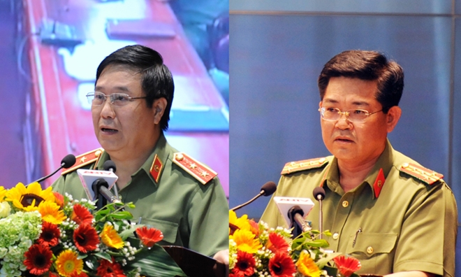 Trung tướng Nguyễn Ngọc Anh và Đại tá Trần Đức Tuấn trình bày tại buổi báo cáo thời sự.